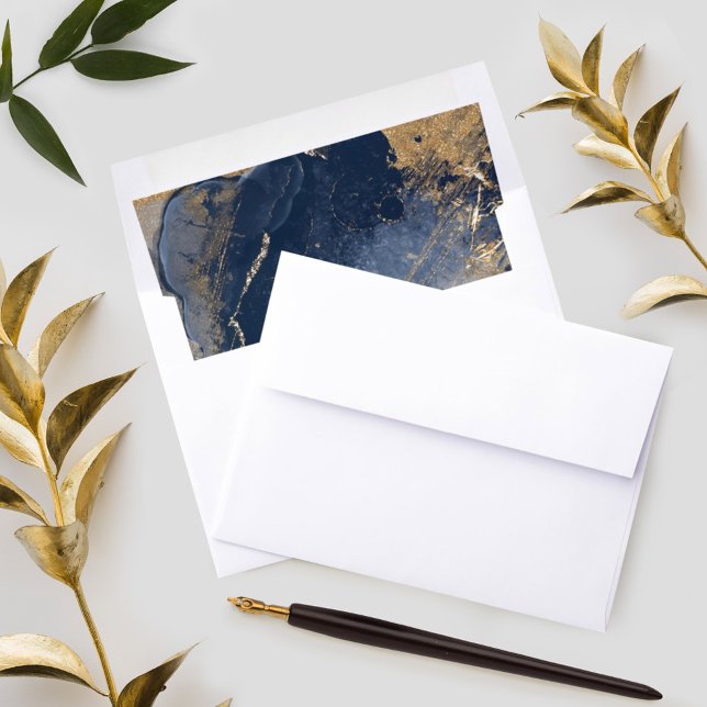 Elegant Navy Watercolor Ink & Golden Jewel Envelope Liner (Creator Uploaded)