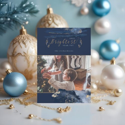 Elegant Navy Watercolor Ink  Golden Jewel Photo Holiday Card