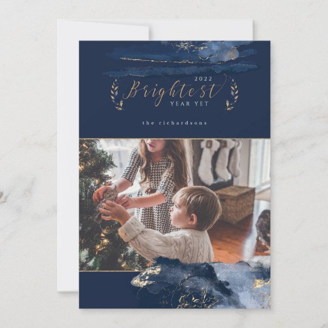 Elegant Navy Watercolor Ink & Golden Jewel Photo Holiday Card (Front)