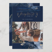 Elegant Navy Watercolor Ink & Golden Jewel Photo Holiday Card (Front/Back)