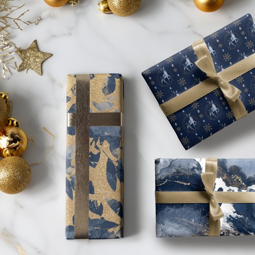 Elegant Navy Watercolor Ink  Golden Jewel Wrapping Paper Sheets