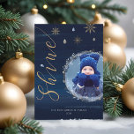 Elegant Navy Watercolor Ink & Jewels Photo Wreath  Holiday Card<br><div class="desc">Our starry golden jewel abstract winter night Christmas collection captures a royal opulence with a modern abstract twist. Deep navy blues, golden and blue jewels, and hints of blue shades create an elegant winter night ambiance. Design features a single photo layout to display your special holiday photo placed inside our...</div>
