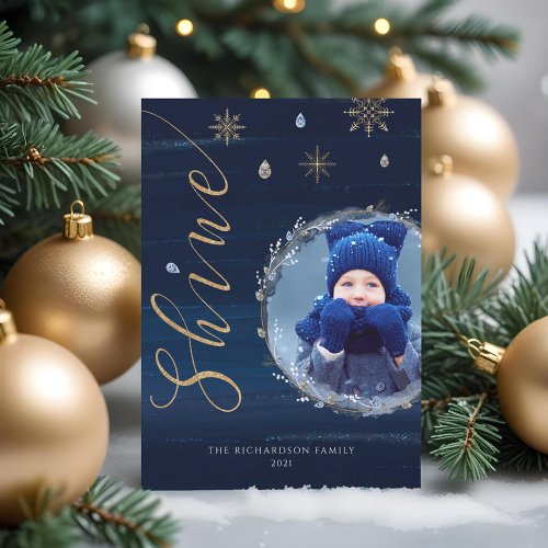 Elegant Navy Watercolor Ink  Jewels Photo Wreath  Holiday Card