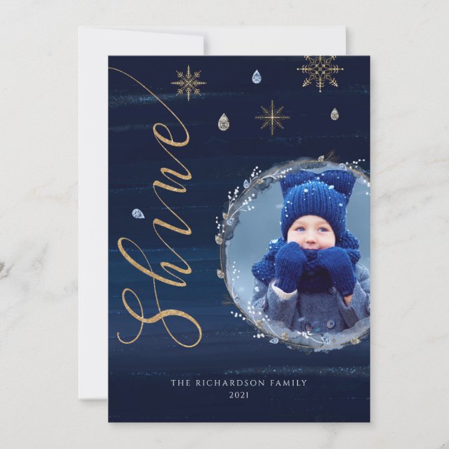 Elegant Navy Watercolor Ink & Jewels Photo Wreath  Holiday Card (Front)