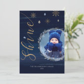Elegant Navy Watercolor Ink & Jewels Photo Wreath  Holiday Card (Standing Front)