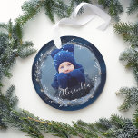Elegant Navy Watercolor Ink & Jewels Photo Wreath Ornament<br><div class="desc">Our starry golden jewel abstract winter night Christmas collection captures a royal opulence with a modern abstract twist. Deep navy blues, golden and blue jewels, and hints of blue shades create an elegant winter night ambiance. Design features a single photo layout to display your special holiday photo placed inside our...</div>