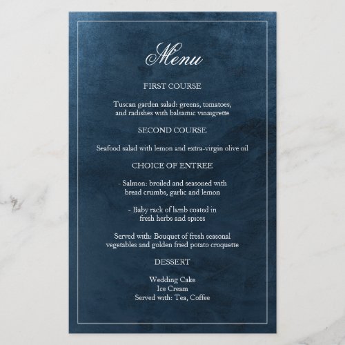 Elegant Navy Watercolor Monogram Wedding Menu