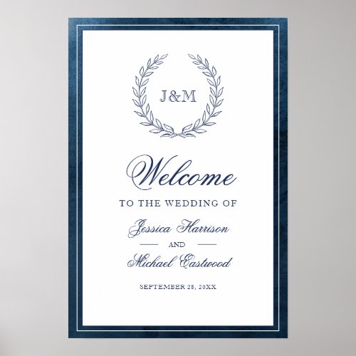 Elegant Navy Watercolor Monogram Wedding Welcome Poster