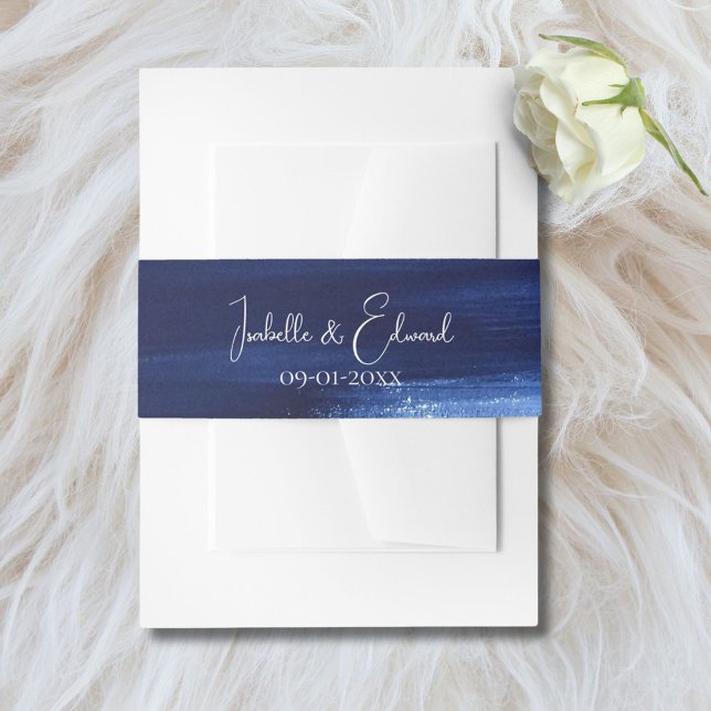 Elegant Navy Watercolor Paint Strokes Wedding Invitation Belly Band (Creator Uploaded)