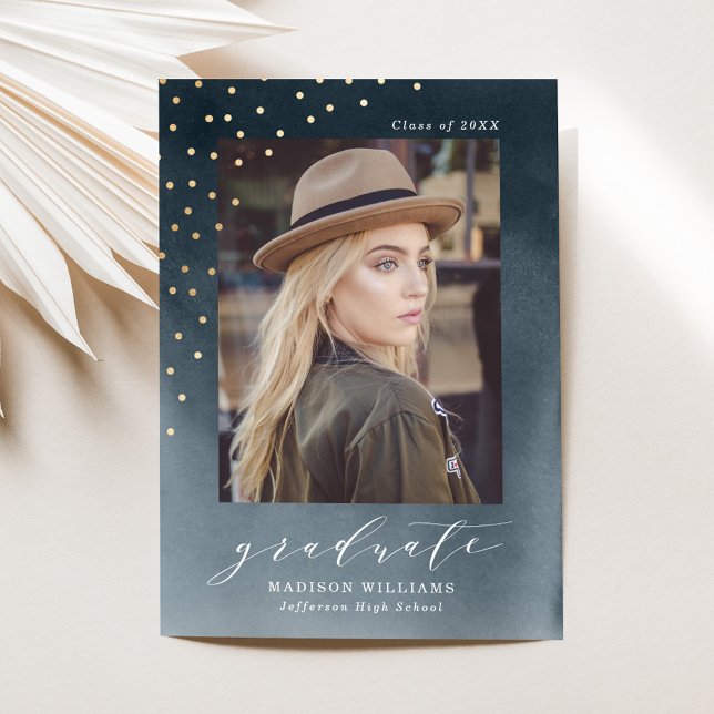 Elegant Navy Watercolor Photo Graduation Announcement (Creator Uploaded)