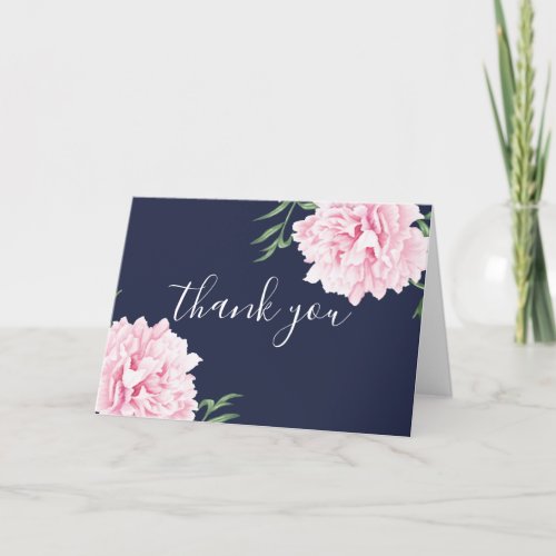Elegant Navy Watercolor Pink Peony Thank You Card