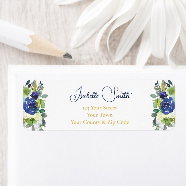 Elegant Navy Watercolor Roses White Wedding RSVP Label (Insitu)