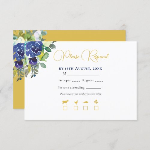 Elegant Navy Watercolor Roses Yellow Gold Wedding RSVP Card