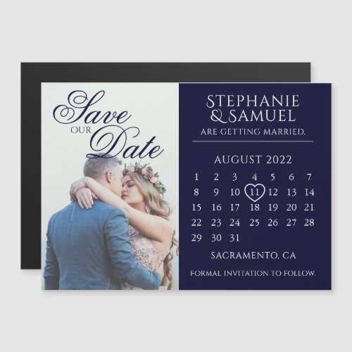 Elegant Navy Wedding Calendar Photo Save the Date Magnetic Invitation