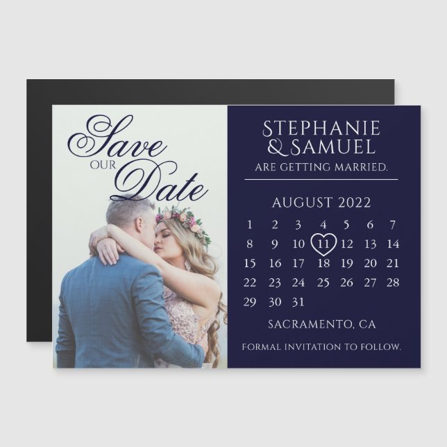 Elegant Navy Wedding Calendar Photo Save the Date Magnetic Invitation (Front/Back)