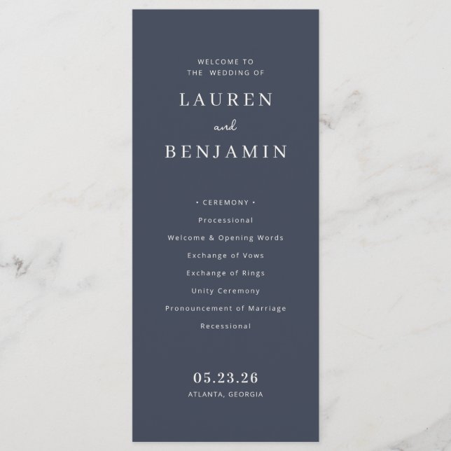 Elegant Navy Wedding Ceremony Program (Front)