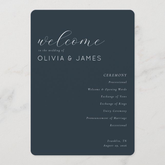 Elegant Navy Wedding Ceremony Schedule Program (Front)