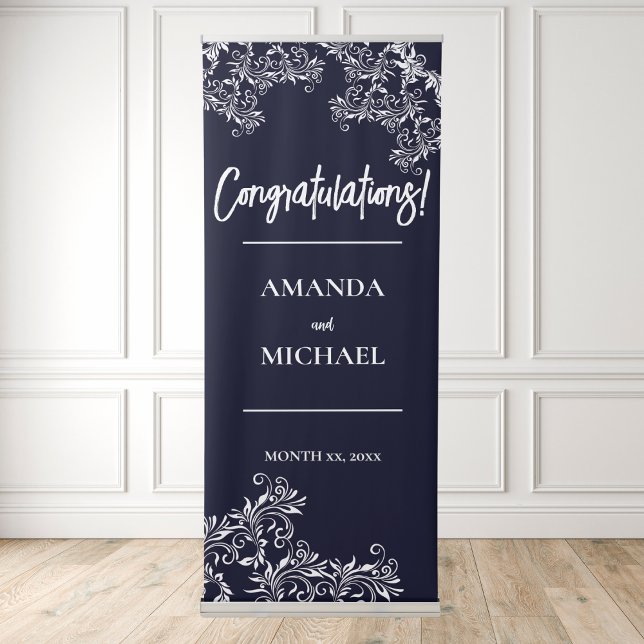 Elegant Navy Wedding Congratulations Retractable Banner (Elegant Navy Wedding Congratulations Retractable Banner)