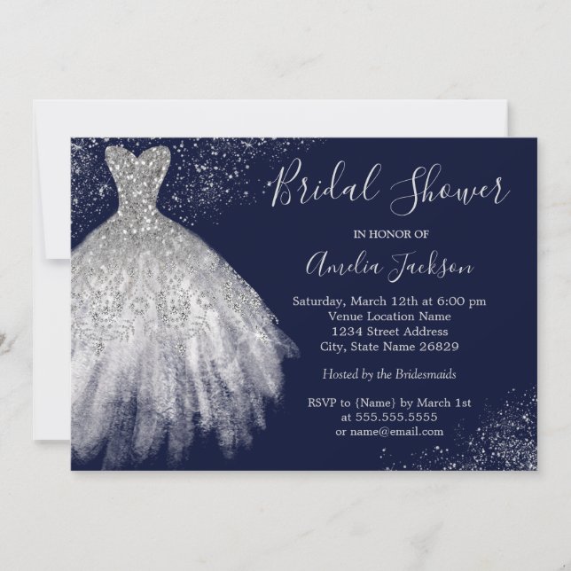 Elegant Navy Wedding Gown Bridal Shower Invitation (Front)