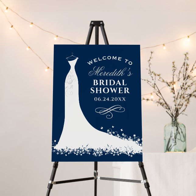 Elegant Navy Wedding Gown Bridal Shower Welcome Foam Board (In Situ (Stand))