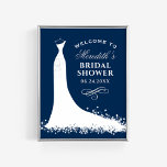 Elegant Navy Wedding Gown Bridal Shower Welcome Poster<br><div class="desc">Elegant wedding bridal shower welcome sign / poster for the stylish bride-to-be features a flowing wedding gown design,  custom text that can be personalized,  and a scroll accent. White,  navy blue (can be customized),  and silver / gray colors.</div>