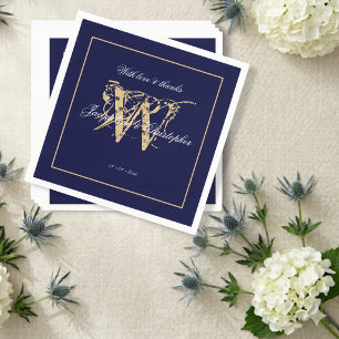 Elegant Navy Wedding White Script & Gold Monogram Napkins