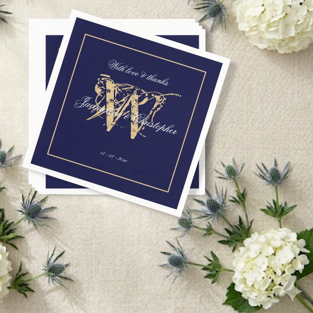 Elegant Navy Wedding White Script & Gold Monogram Napkins (Gorgeous! Perfect in the right setting.)