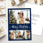 Elegant Navy White 4 Photo Collage Christmas Holiday Card<br><div class="desc">Elegant, Modern Navy and White 4 Photo Collage Merry Christmas Script Holiday Card. This festive, whimsical, minimalist, (4) four photo holiday card template features a pretty photo collage, some snowflake and says Merry Christmas! The „Merry Christmas” greeting text is written in a beautiful white color hand lettered typography font type...</div>