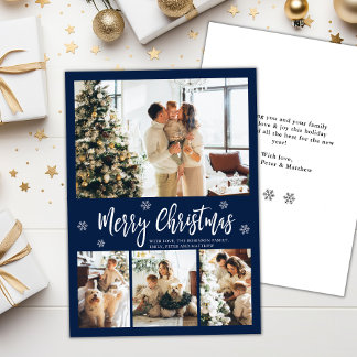 Elegant Navy White 4 Photo Collage Christmas Holiday Card
