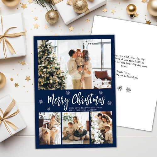 Elegant Navy White 4 Photo Collage Christmas Holiday Card