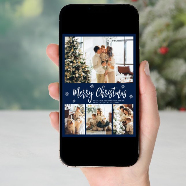 Elegant Navy White 4 Photo Collage Christmas Holiday Card (Front Digital)
