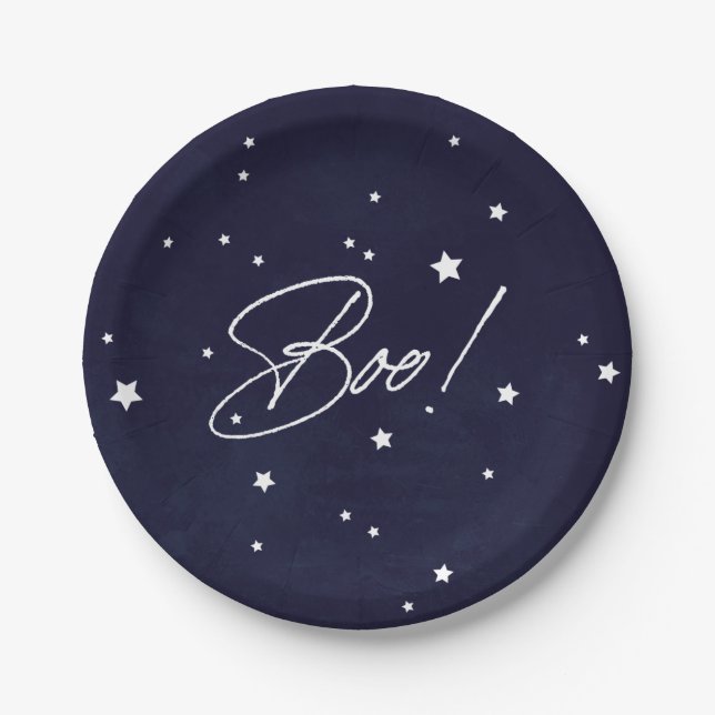 Elegant Navy/White Boo! Halloween Party Paper Plates (Front)