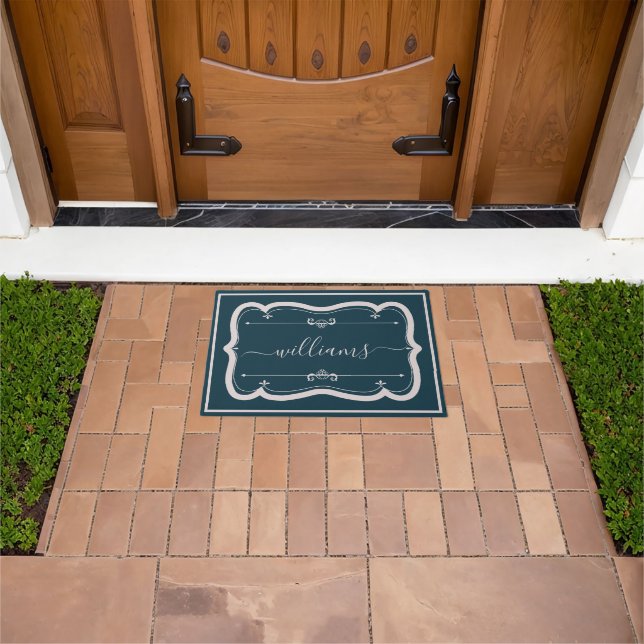 Elegant Navy White Custom Decorated Script Name Doormat (Outdoor)