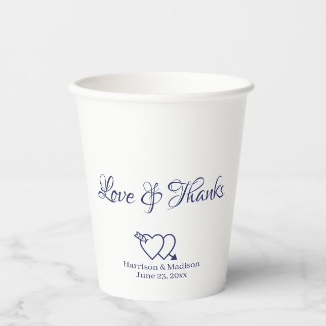 Elegant navy white custom script hearts wedding  paper cups (Front)