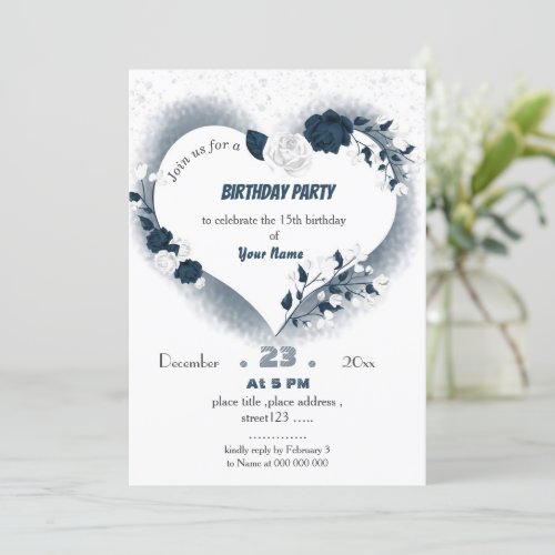 elegant navy white floral heart birthday invitation