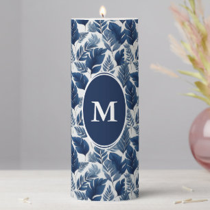 Elegant Navy White Floral Pillar Candle