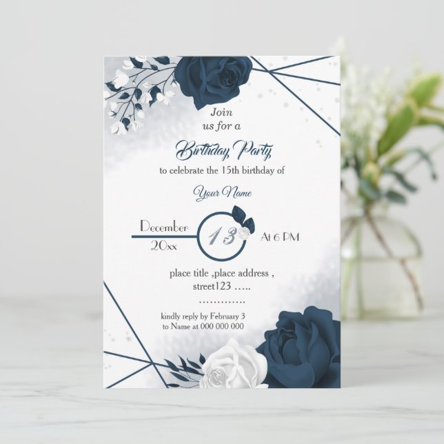 elegant navy &white flowers birthday  invitation (Standing Front)