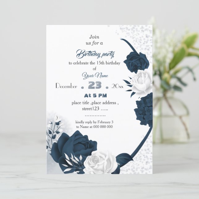 elegant navy &white flowers birthday  invitation (Standing Front)