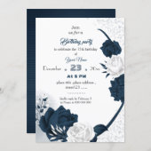 elegant navy &white flowers birthday  invitation (Front/Back)