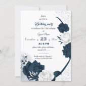 elegant navy &white flowers birthday  invitation (Front)