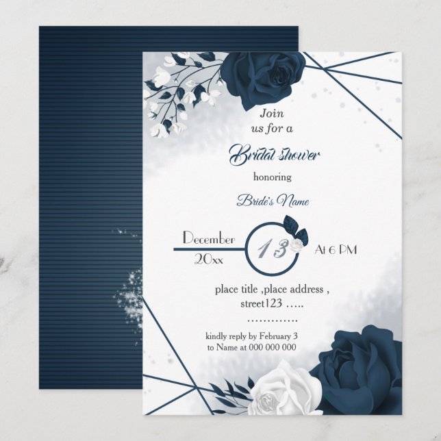 elegant navy &white flowers bridal shower invitati invitation (Front/Back)