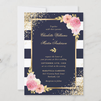 Elegant Navy White Gold Blush Pink Floral Wedding Invitation