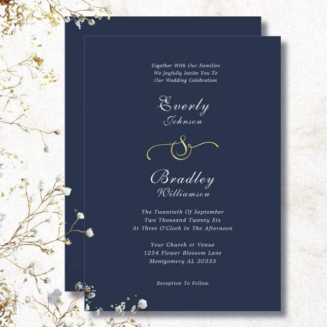  Elegant Navy White Gold Minimalist Wedding Invitation (Creator Uploaded)