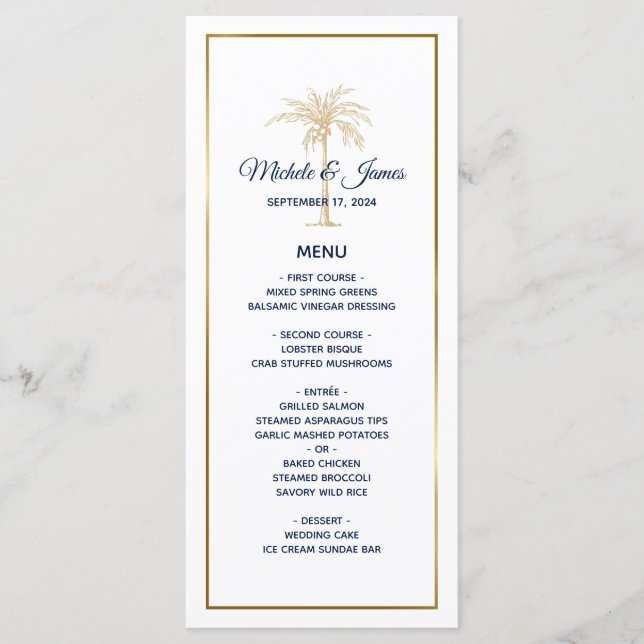 Elegant Navy White Gold Palm Tree Modern Wedding Menu (Front)