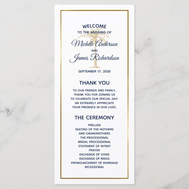 Elegant Navy White Gold Palm Tree Modern Wedding Program (Front)