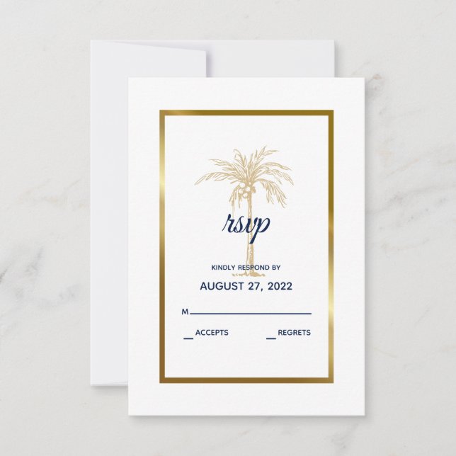 Elegant Navy White Gold Palm Tree Modern Wedding RSVP Card (Front)