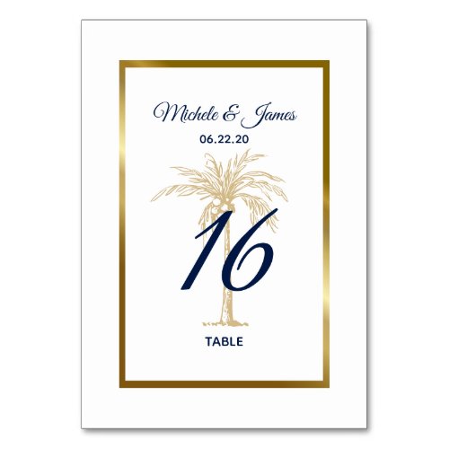 Elegant Navy White Gold Palm Tree Modern Wedding Table Number