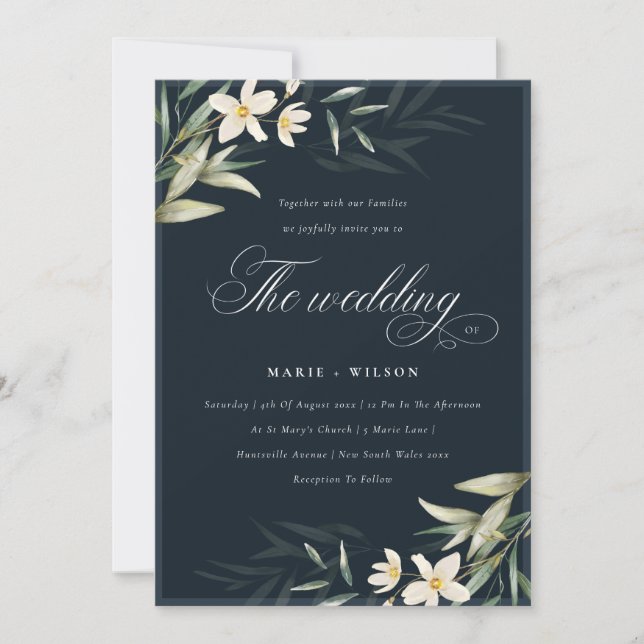 Elegant Navy White Greenery Floral Wedding Invite (Front)