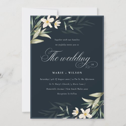 Elegant Navy White Greenery Floral Wedding Invite