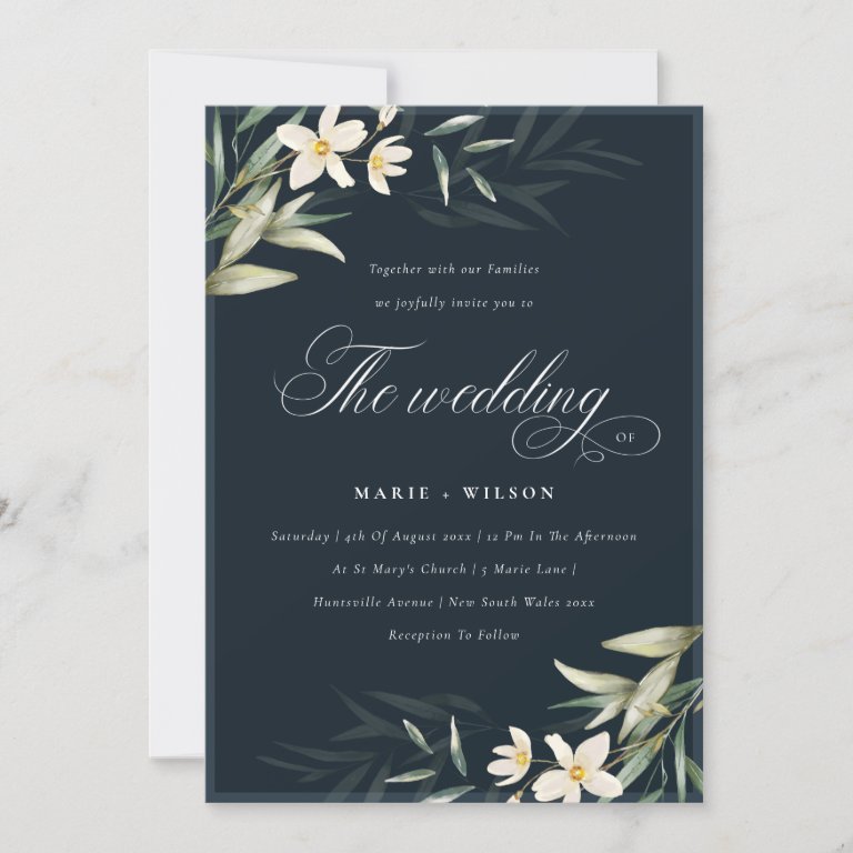 Elegant Navy White Greenery Floral Wedding Invite